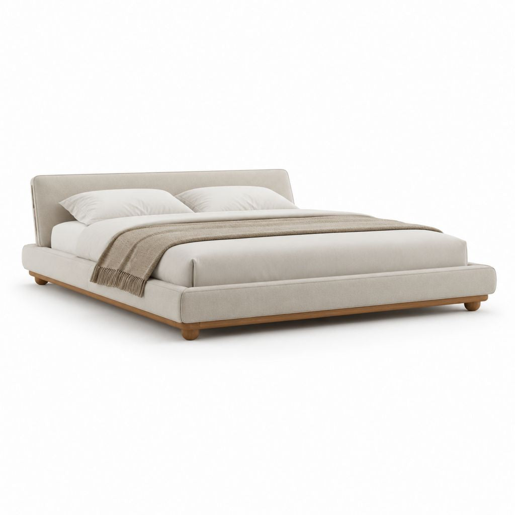 Lit double tapissé beige en polyester avec cadre 160 x 200 cm 174 x 220 x 100 cm