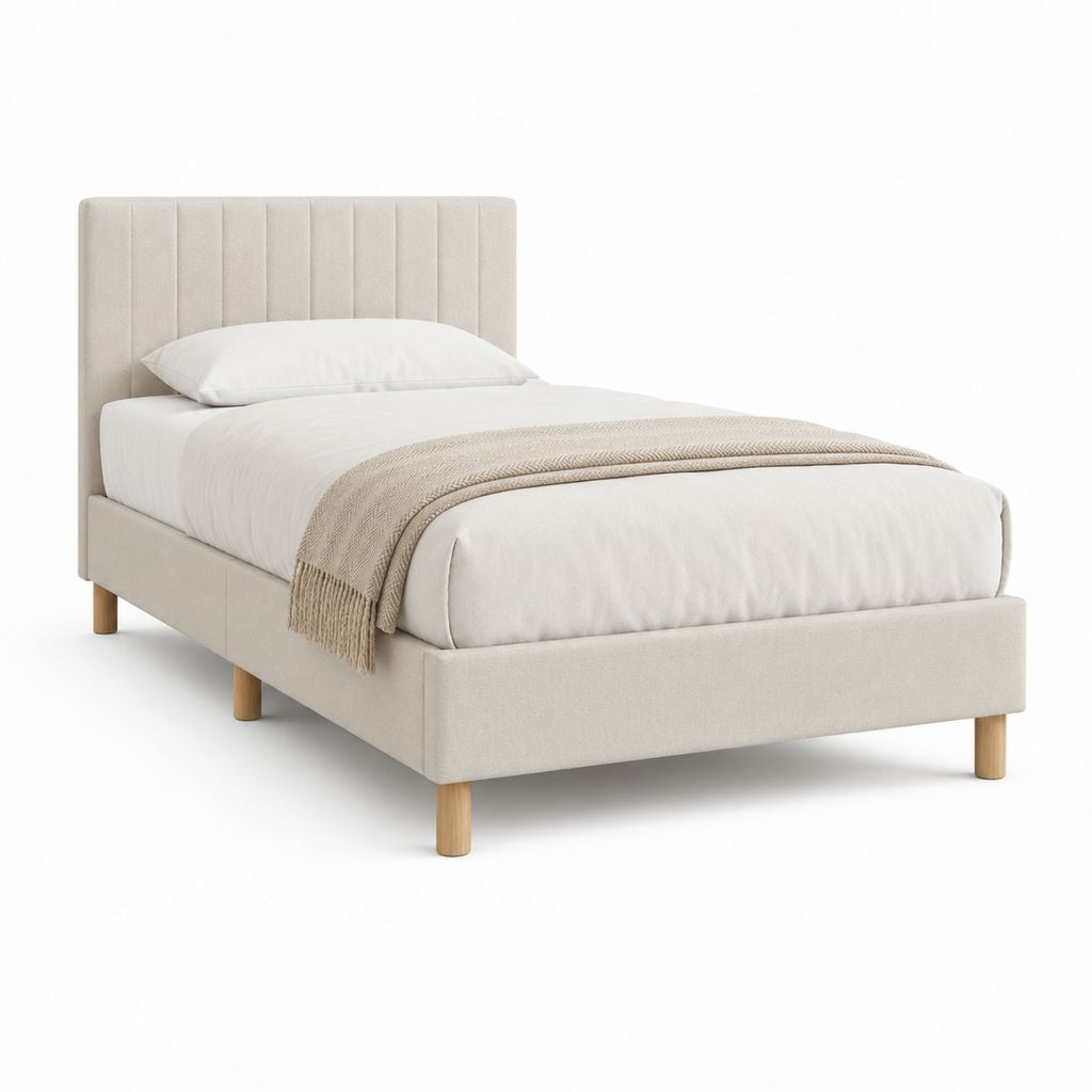 Cadre de lit une place beige en polyester avec tête de lit capitonnée 90 x 190 cm