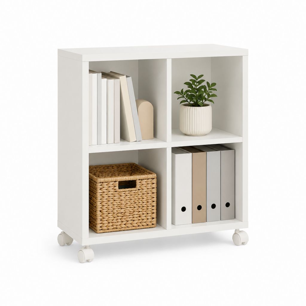 Bibliothèque carrée à roulettes blanche en panneaux MDF 80 x 80 x 40 cm
