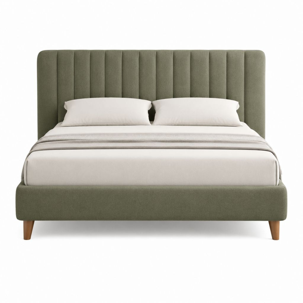 Lit double 160 x 200 cm vert olive en velours de polyester avec tête de lit capitonnée