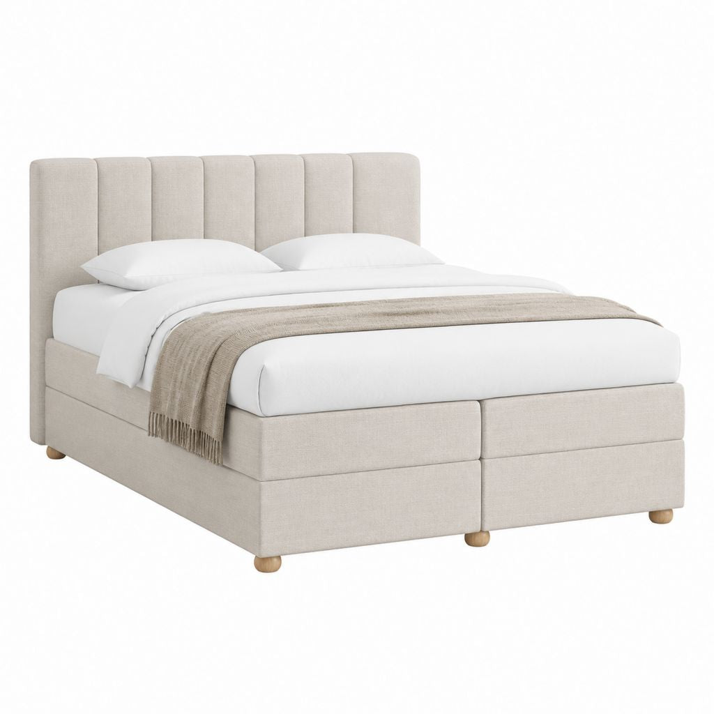 Lit coffre 160 x 200 cm beige en polyester avec tête de lit capitonnée