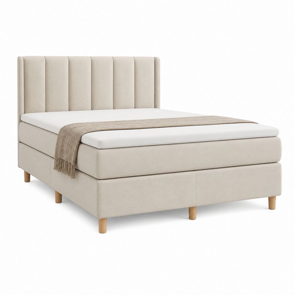 Lit coffre capitonné beige en polyester avec tête de lit à panneaux 160 x 200 cm