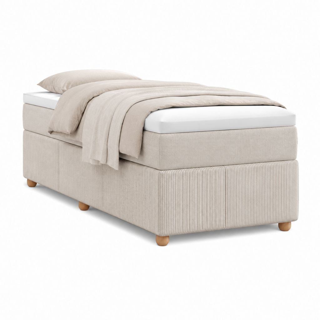 Lit tapissier 1 place beige en polyester côtelé avec sommier 90 x 200 cm