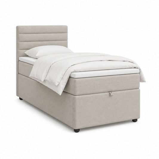 Lit coffre 1 place beige en polyester 90 x 200 cm avec tête de lit rembourrée