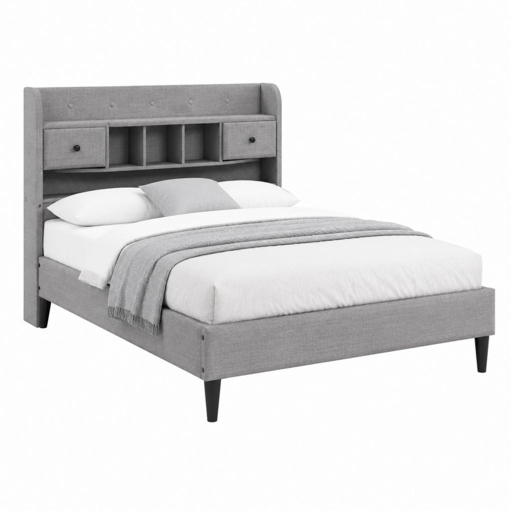 Lit avec tête de lit de rangement gris en polyester 160 x 200 cm