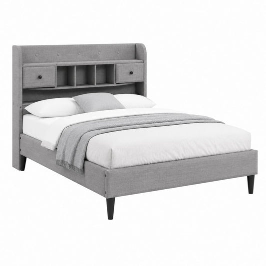 Lit avec tête de lit de rangement gris en polyester 160 x 200 cm