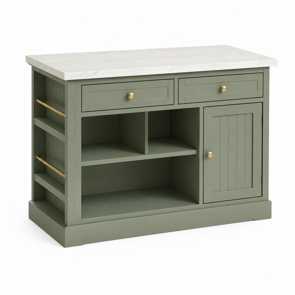 Îlot de cuisine rectangulaire vert olive en MDF et panneaux de particules 120 x 60 x 90 cm