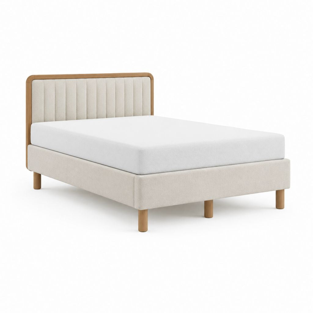 Lit double avec cadre beige et bois naturel 160 x 200 cm