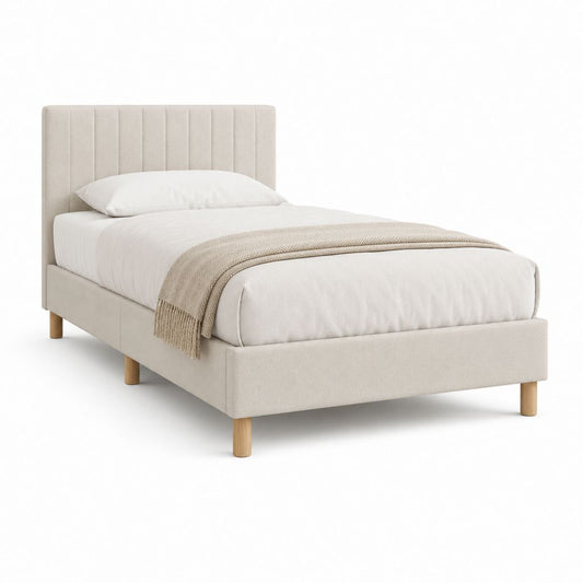 Cadre de lit une place beige en polyester avec tête de lit capitonnée 90 x 190 cm