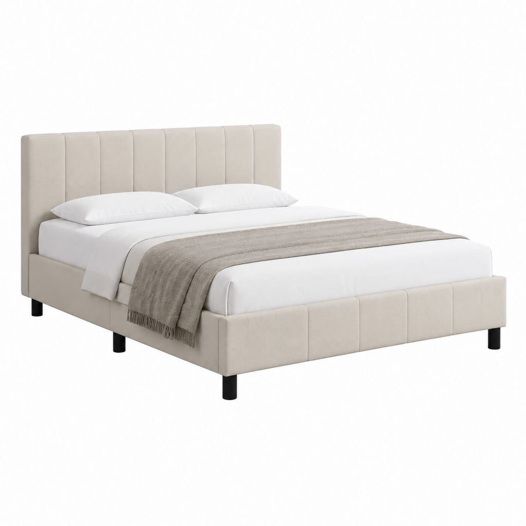 Lit double capitonné beige en polyester avec cadre à lattes 160 x 200 cm