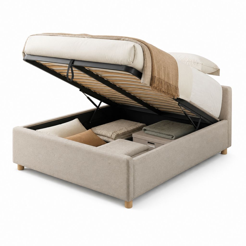 Lit coffre 160 x 200 cm beige en polyester rectangulaire avec sommier à lattes 215 x 165 x 105 cm