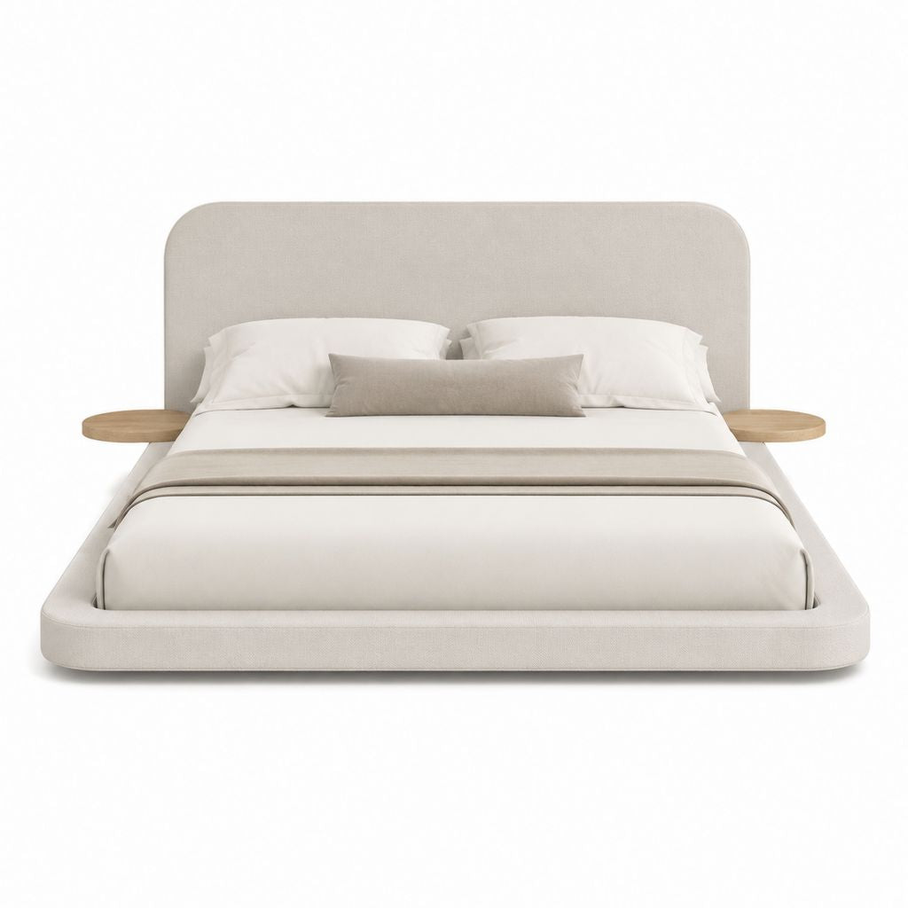 Lit double 180 x 200 cm beige en polyester avec cadre rembourré et tablettes latérales en bois