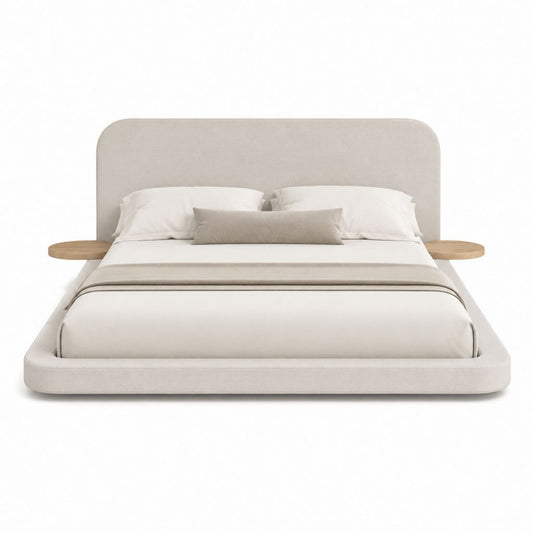 Lit double 180 x 200 cm beige en polyester avec cadre rembourré et tablettes latérales en bois