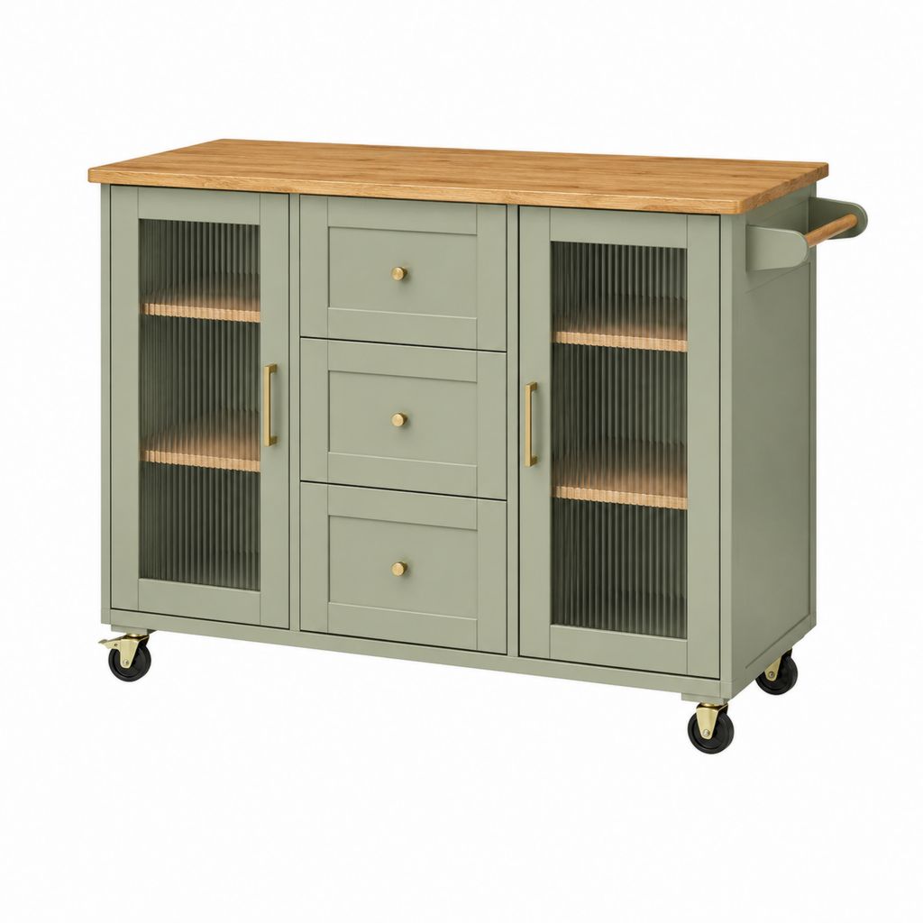 Îlot de cuisine roulant vert en MDF avec plateau en bois d'hévéa 120 x 50 x 90 cm