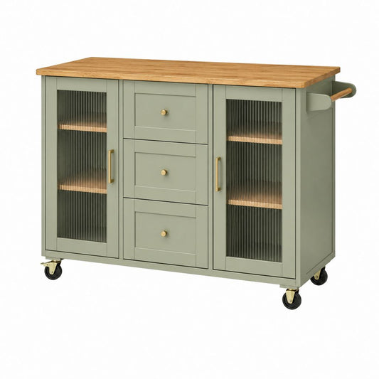 Îlot de cuisine roulant vert en MDF avec plateau en bois d'hévéa 120 x 50 x 90 cm