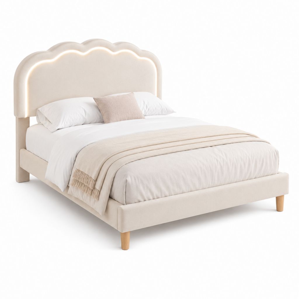 Lit double 160 x 200 cm beige en velours polyester avec tête de lit LED festonnée