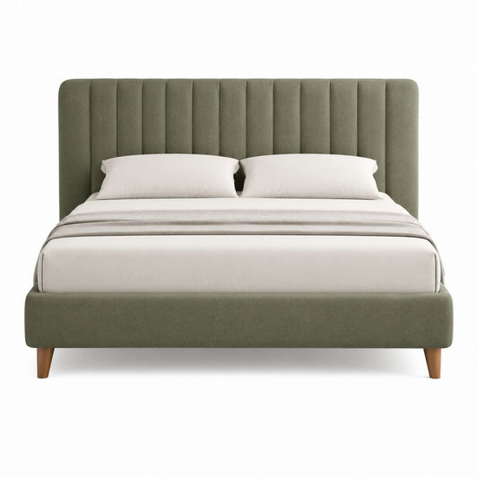 Lit double 160 x 200 cm vert olive en velours de polyester avec tête de lit capitonnée