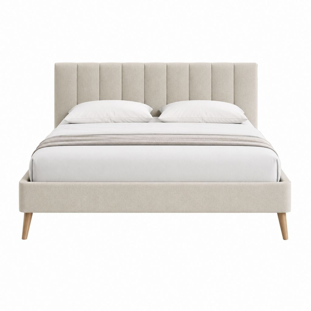 Lit double 160 x 200 cm beige en polyester avec cadre en bois et tête de lit capitonnée
