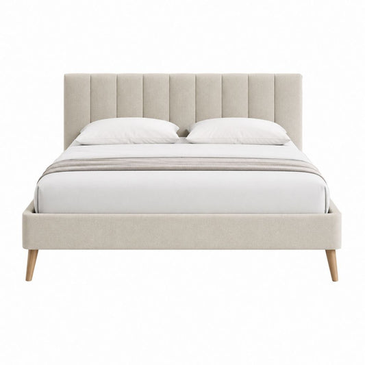 Lit double 160 x 200 cm beige en polyester avec cadre en bois et tête de lit capitonnée