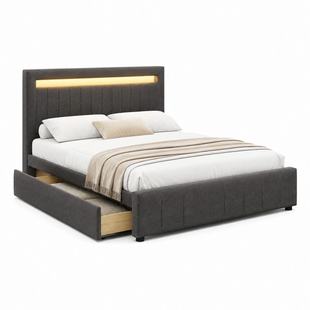 Lit double avec tiroir et tête de lit LED gris anthracite en polyester 160 x 200 cm