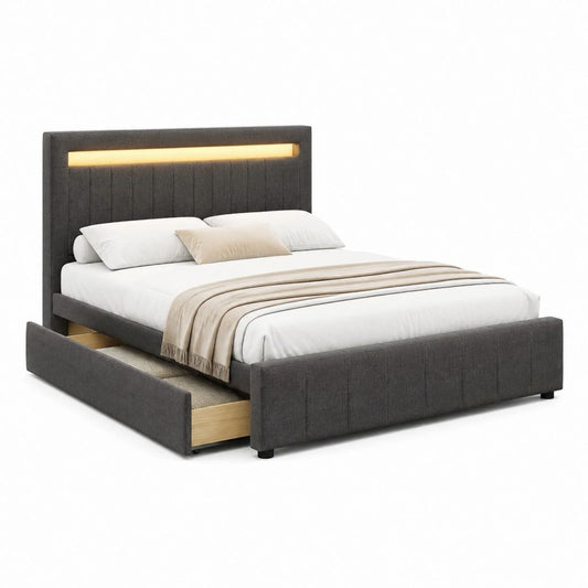 Lit double avec tiroir et tête de lit LED gris anthracite en polyester 160 x 200 cm