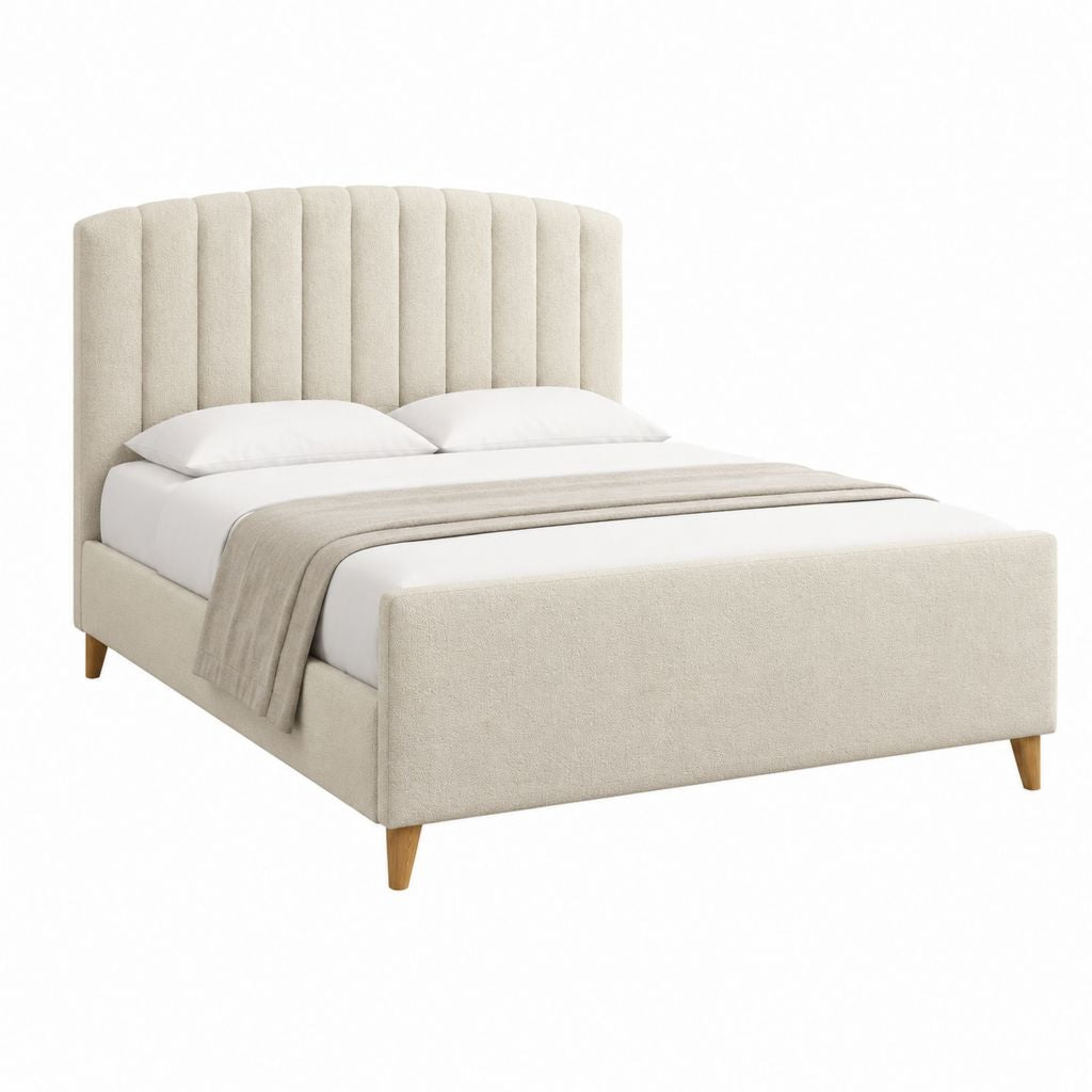 Lit double 160 x 200 cm beige en polyester avec tête de lit capitonnée