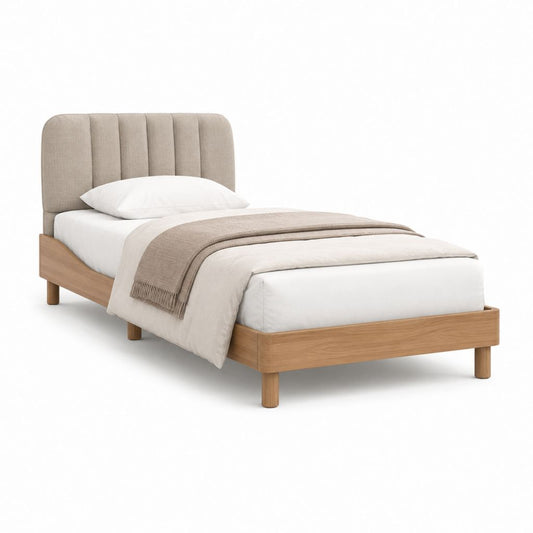 Lit simple 90 x 190 cm cadre en bois massif naturel tête de lit capitonnée en polyester beige