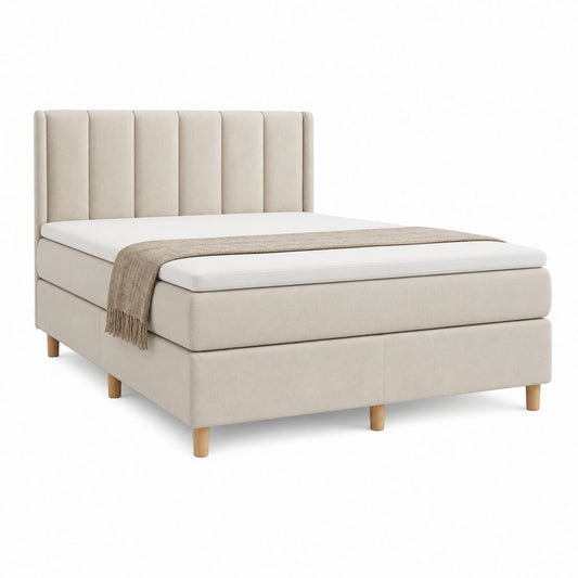 Lit coffre capitonné beige en polyester avec tête de lit à panneaux 160 x 200 cm